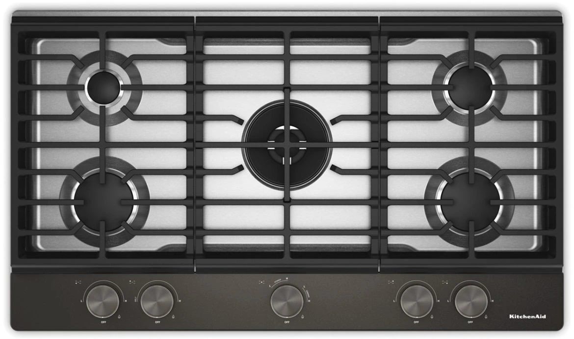 KitchenAid KCGK536SBE 36 inch Gas Cooktop with 5 Burners, Integrated Wok Grate, Edge-to-Edge Cast-Iron Grates, LP Conversion Kit, ADA Compliant (Black Ore)