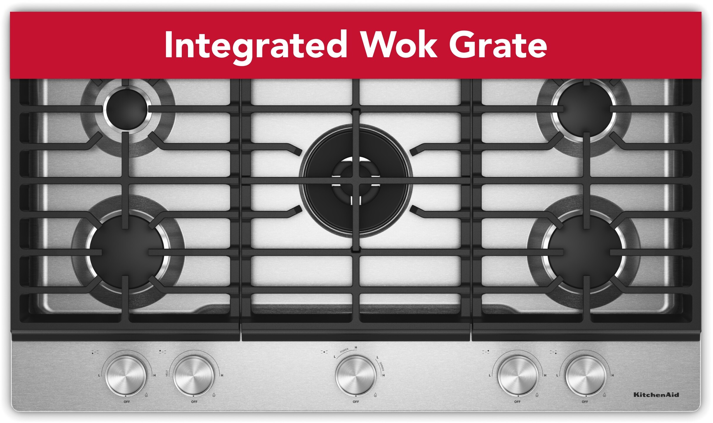 KitchenAid KCGK536SSS 36 inch Gas Cooktop with 5 Burners, Integrated Wok Grate, Edge-to-Edge Cast-Iron Grates, LP Conversion Kit, ADA Compliant (Stainless Steel)