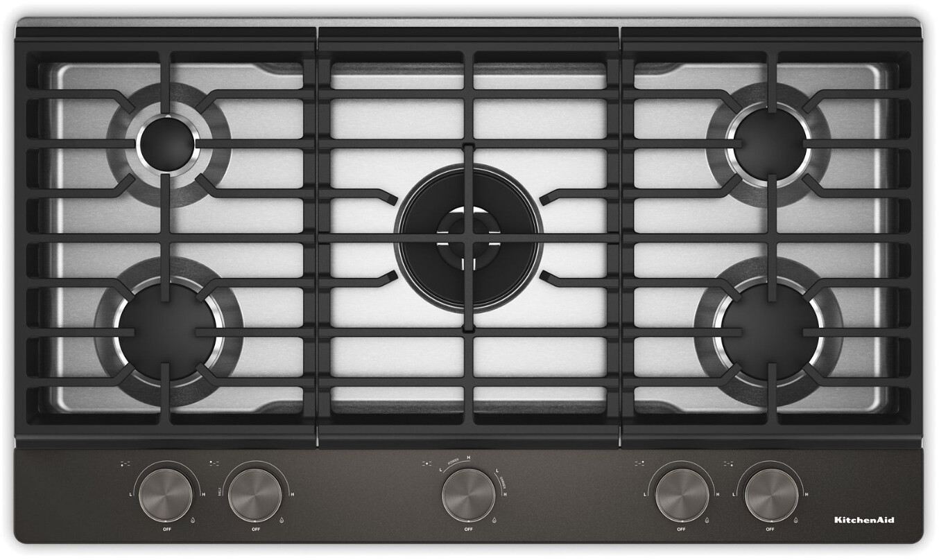 KitchenAid KCGK736SBE 36 inch Gas Cooktop with 5 Sealed Burners and Griddle, Integrated Wok Grate, Edge-to-Edge Cast-Iron Grates, ADA Compliant (Black Ore)