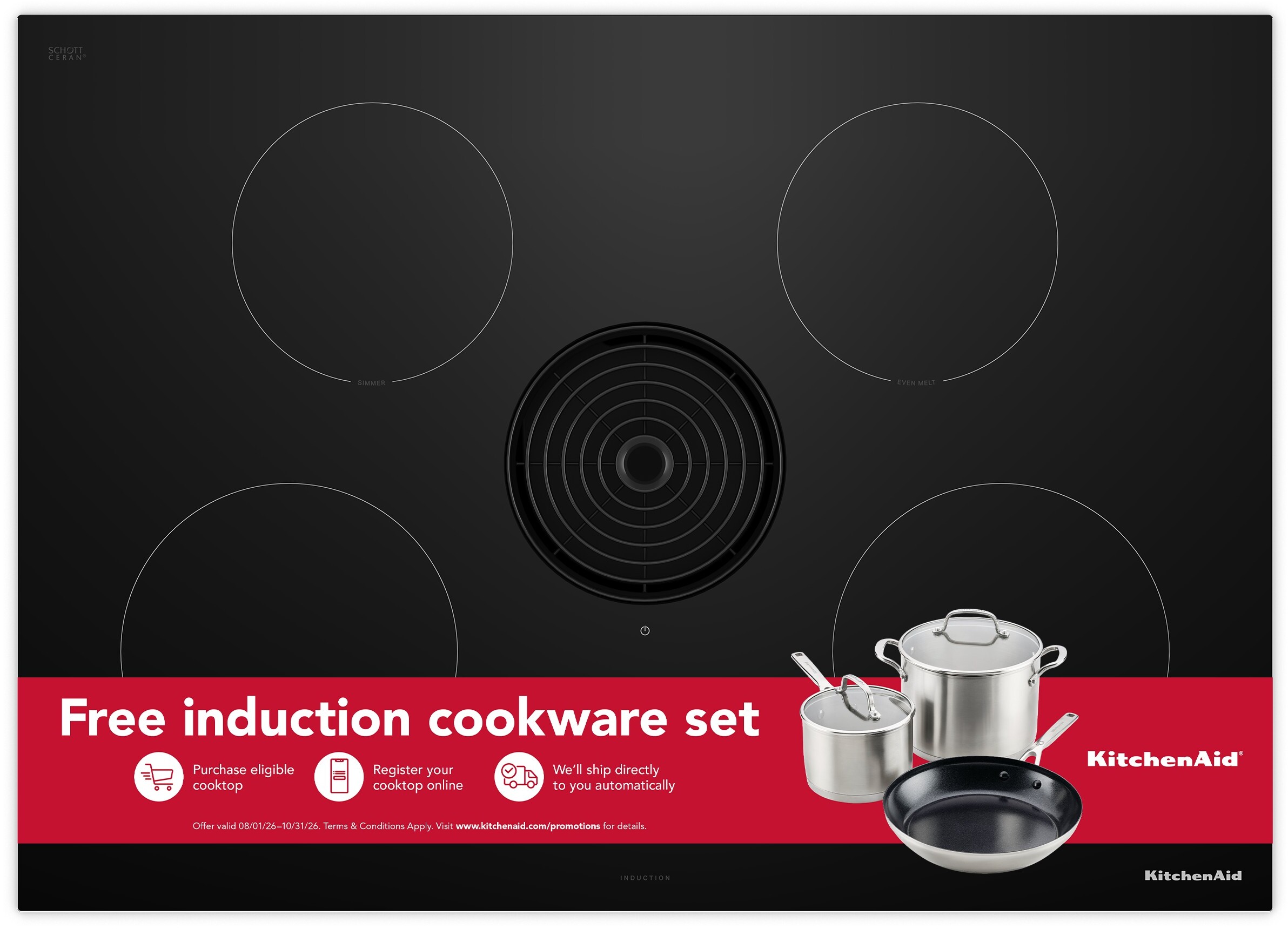 Kitchenaid KCID930SBL 30-Inch Nextgen Induction Downdraft Cooktop With 4 Cooking Zones - 30 Inch, Whisper-Quiet Ventilation, Flexible Install