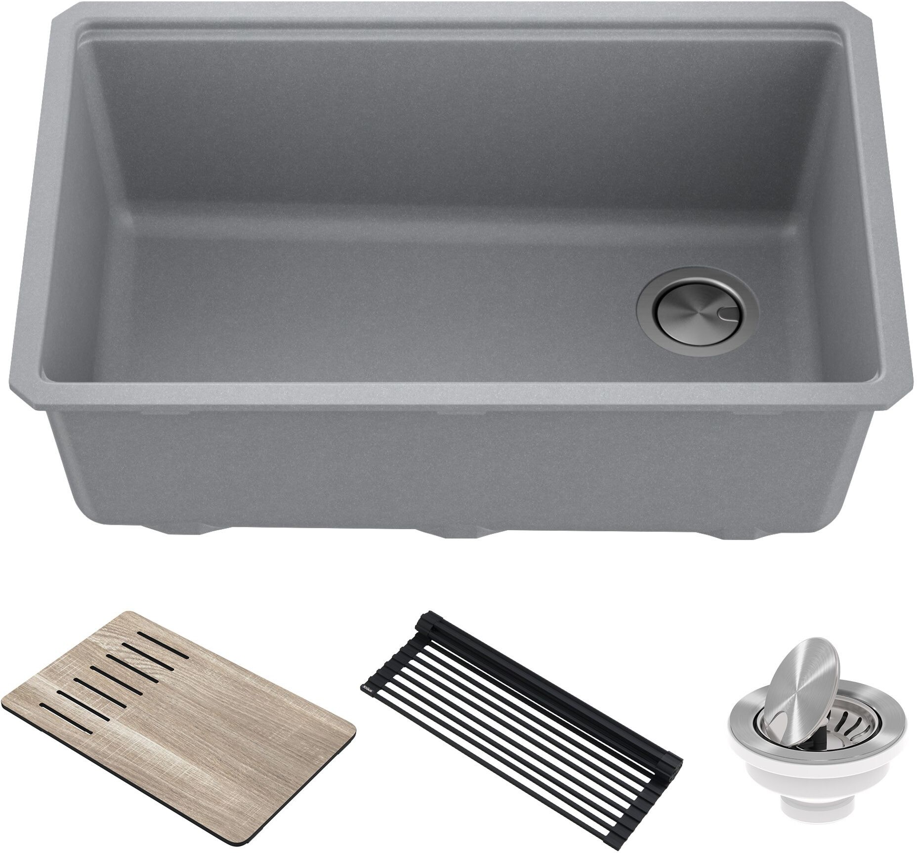 Kraus KGUW2-30MGR 30 in. Bellucci Workstation Undermount Granite Composite Single Bowl Kitchen Sink, Metallic Gray