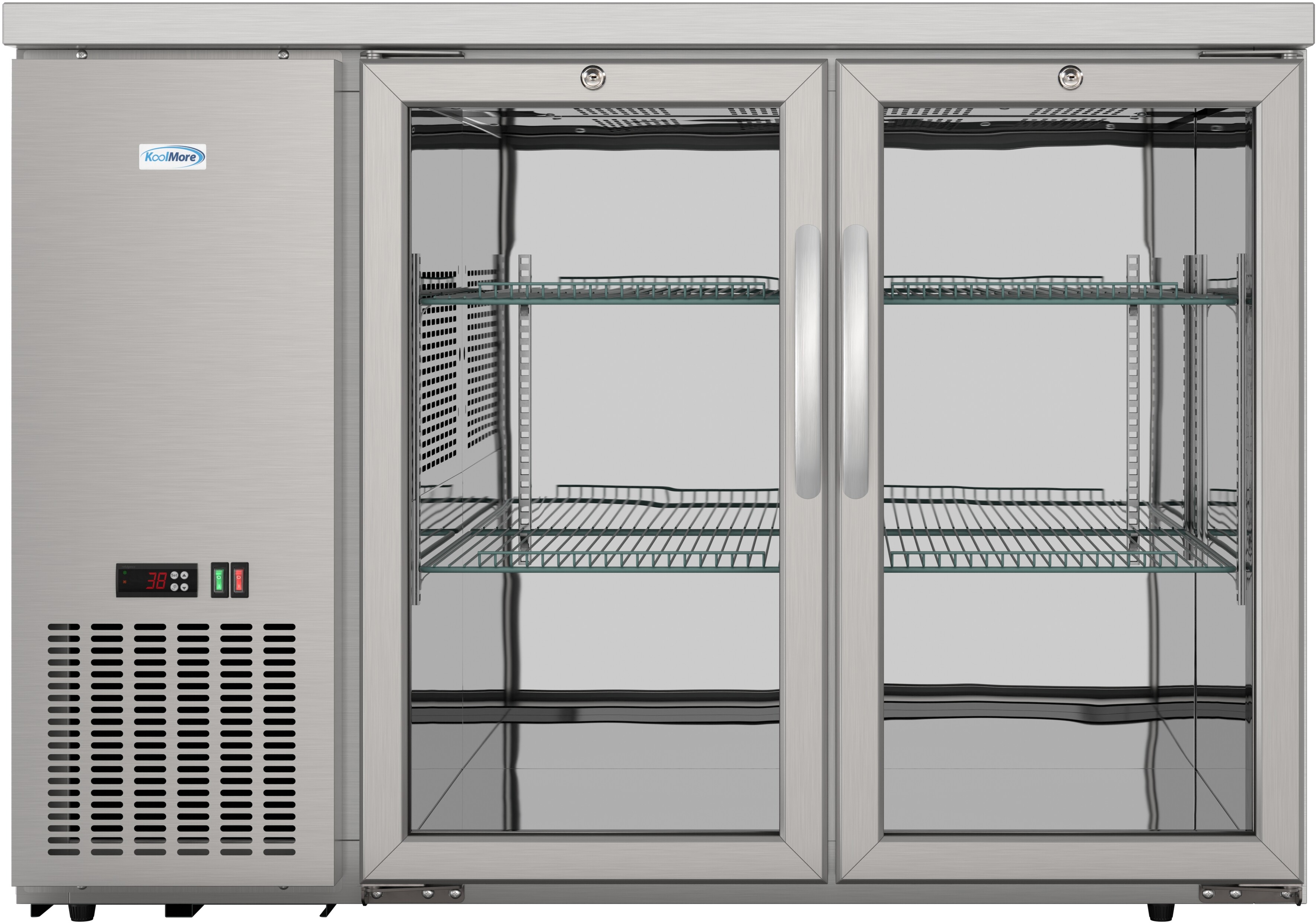 47 in. Commercial Two Glass Door Back Bar Cooler Refrigerator with Side Condenser and Compressor, LED Lighting, 11 Cu. Ft Capacity in Stainless Steel | Fridge.com