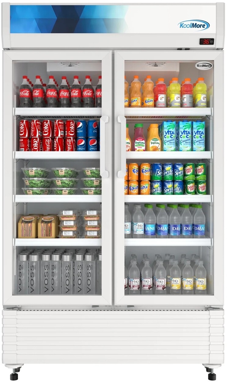 KoolMore KMMDR2GD47 47 inch Freestanding Commercial 2-Glass Door Merchandiser Refrigerator with Capacity 29 cu. ft. Capacity, Bright LED Lighting, Secure Storage, in White