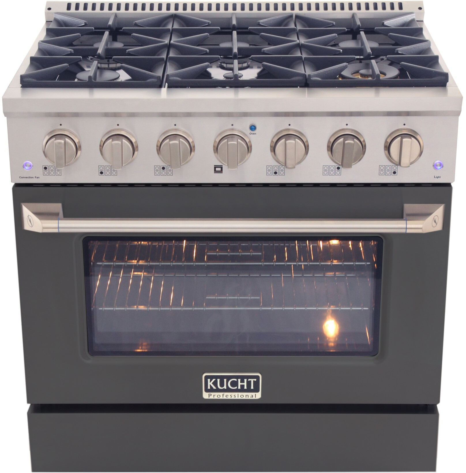 Kucht KNG361LPCY 36 inch Freestanding Gas Range with 6 Burners, 5.2 cu. ft. Capacity Oven, Convection, and Heavy Duty Cast-Iron Cooking Grates (Cement Gray, Liquid Propane)