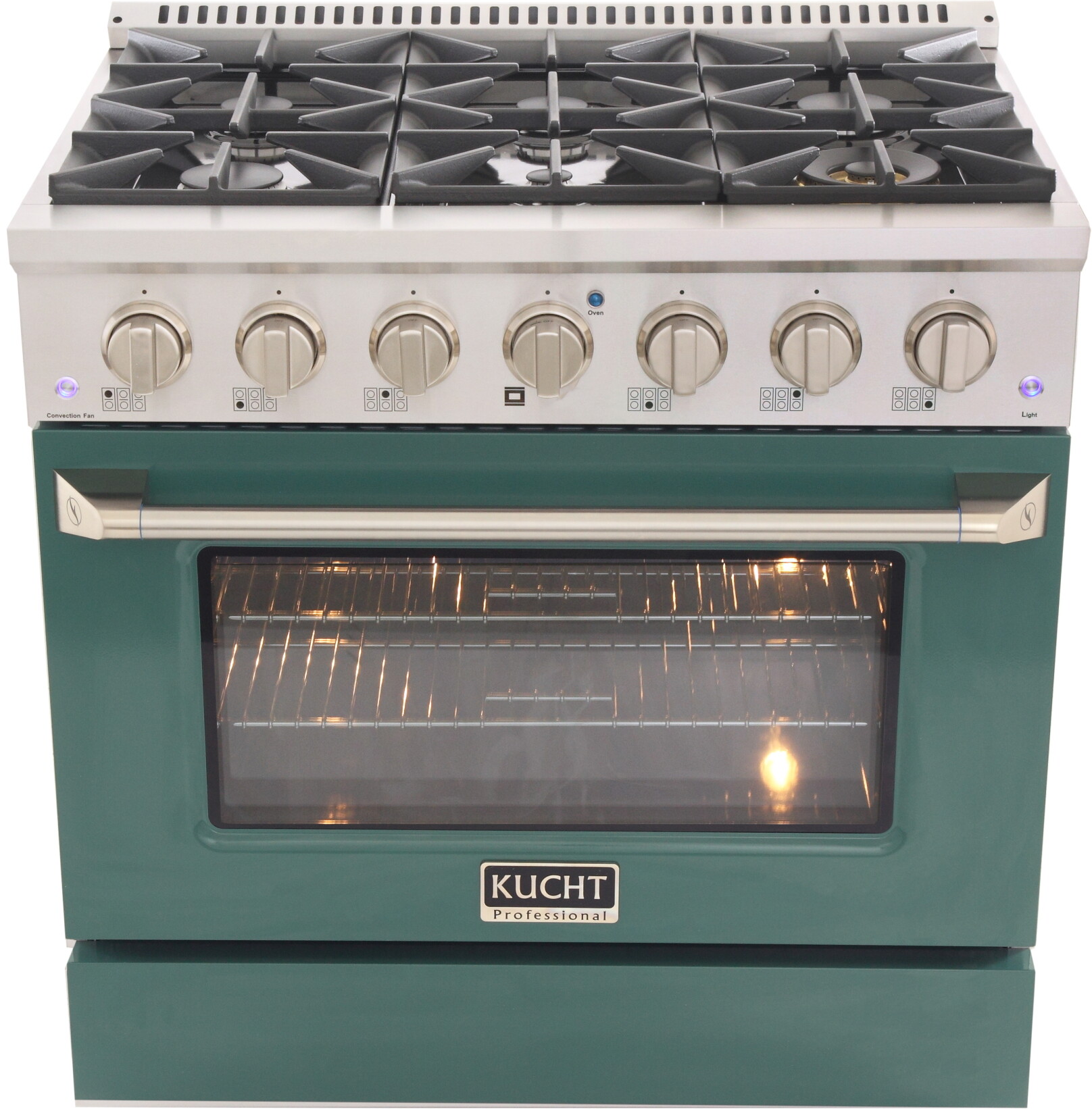 Kucht KNG361G 36 inch Freestanding Gas Range with 6 Burners, 5.2 cu. ft. Capacity Oven, Convection, and Heavy Duty Cast-Iron Cooking Grates (Green, Natural Gas)