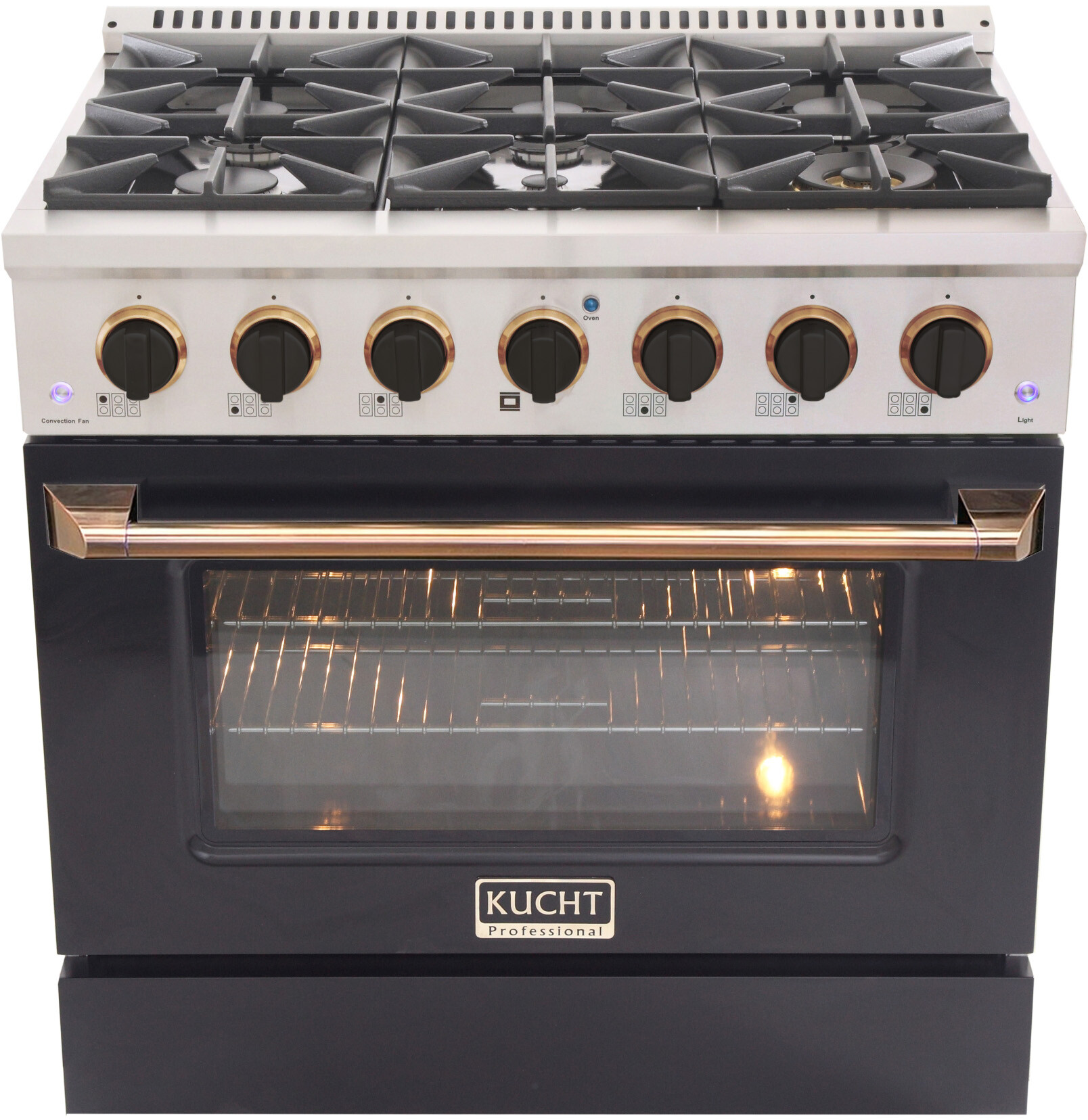 Kucht KNG361KGOLD 36 inch Freestanding Gas Range with 6 Burners, 5.2 cu. ft. Capacity Oven, Convection, and Heavy Duty Cast-Iron Cooking Grates (Black, Natural Gas, Gold)