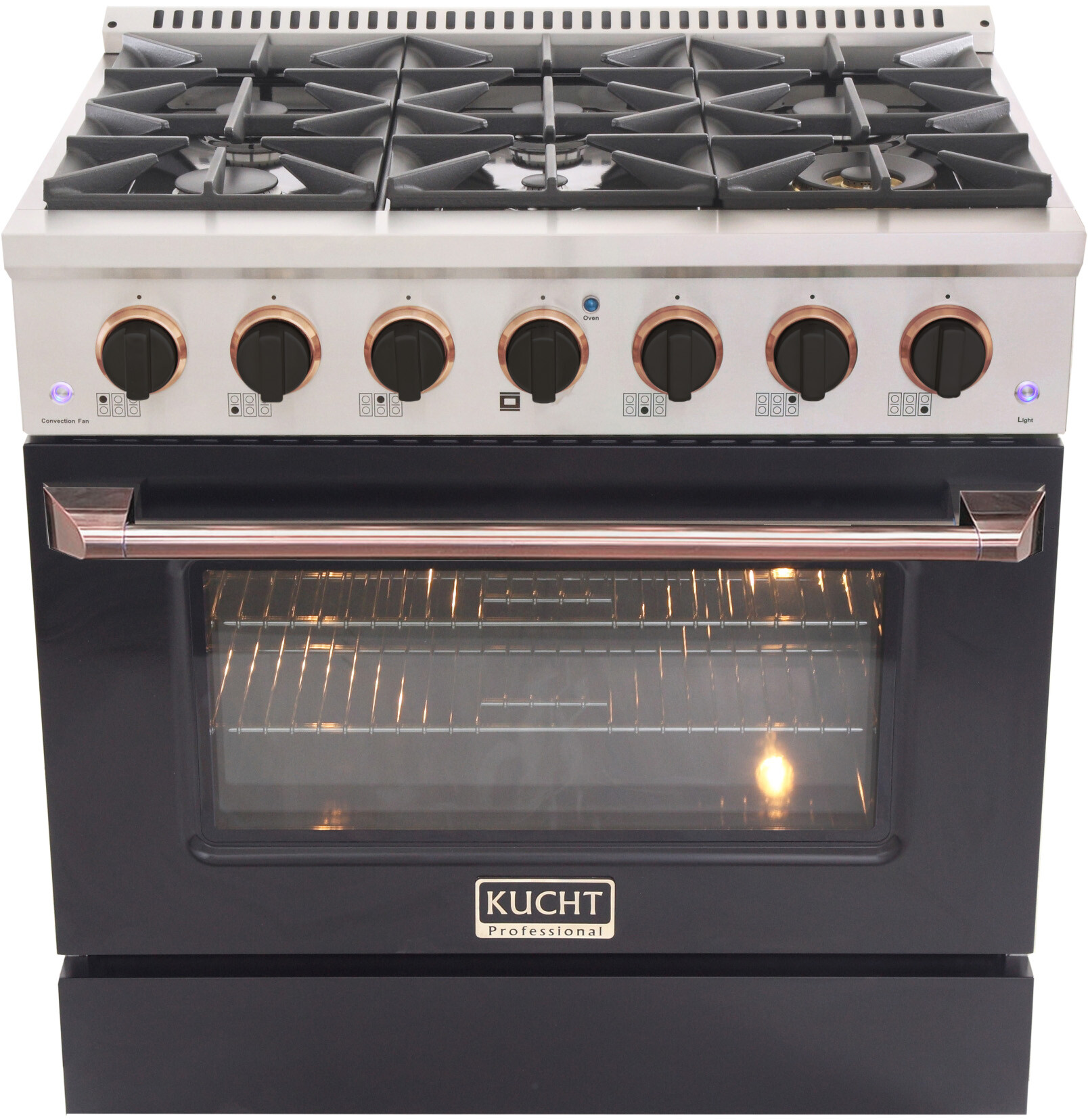 Kucht KNG361KROSE 36 inch Freestanding Gas Range with 6 Burners, 5.2 cu. ft. Capacity Oven, Convection, and Heavy Duty Cast-Iron Cooking Grates (Black, Natural Gas, Rose Gold)