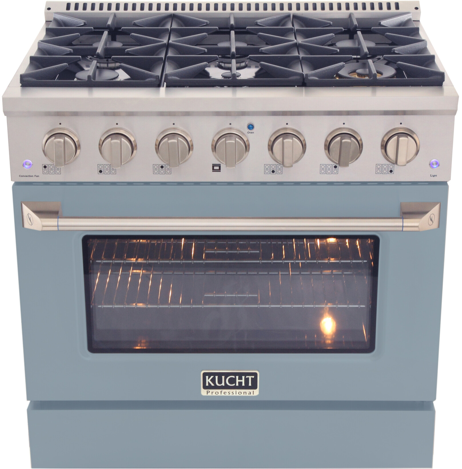 Kucht KNG361LE 36 inch Freestanding Gas Range with 6 Burners, 5.2 cu. ft. Capacity Oven, Convection, and Heavy Duty Cast-Iron Cooking Grates (Light Blue, Natural Gas)