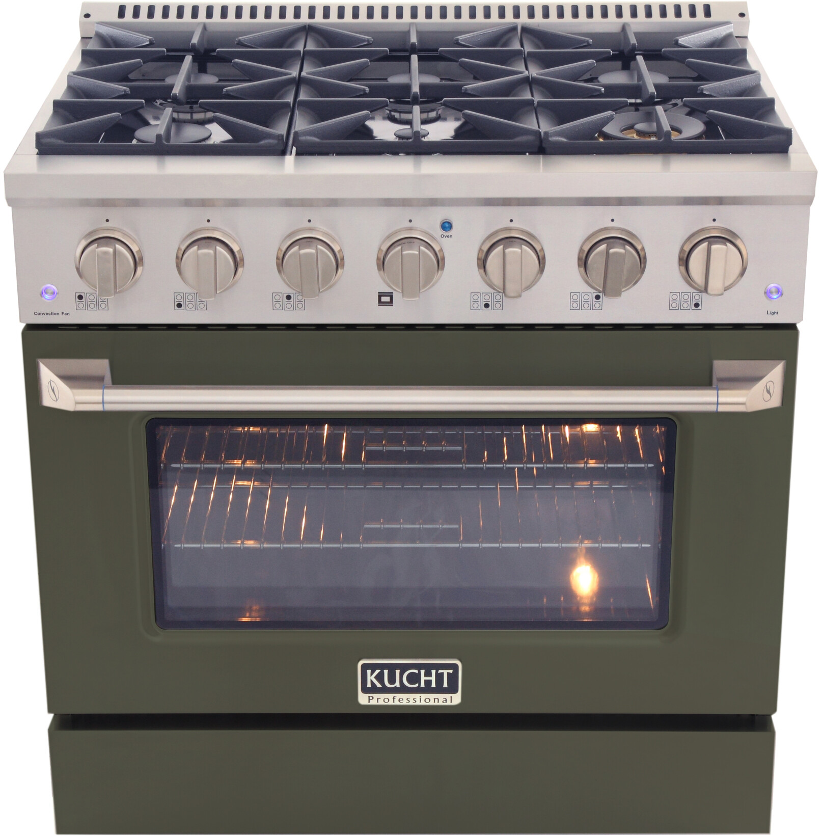 Kucht KNG361LPON 36 inch Freestanding Gas Range with 6 Burners, 5.2 cu. ft. Capacity Oven, Convection, and Heavy Duty Cast-Iron Cooking Grates (Olive Green, Liquid Propane)