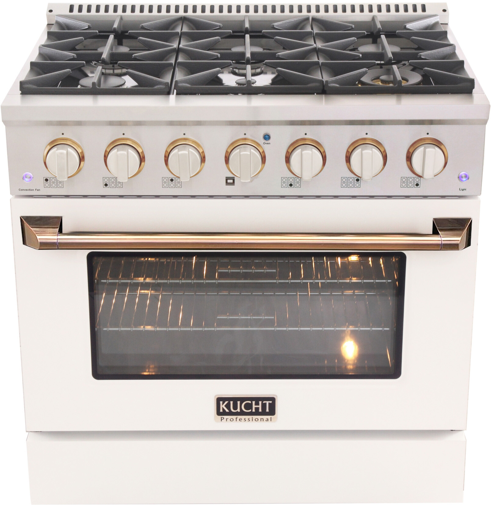 Kucht KNG361LPWGOLD 36 inch Freestanding Gas Range with 6 Burners, 5.2 cu. ft. Capacity Oven, Convection, and Heavy Duty Cast-Iron Cooking Grates (White, Liquid Propane, Gold)