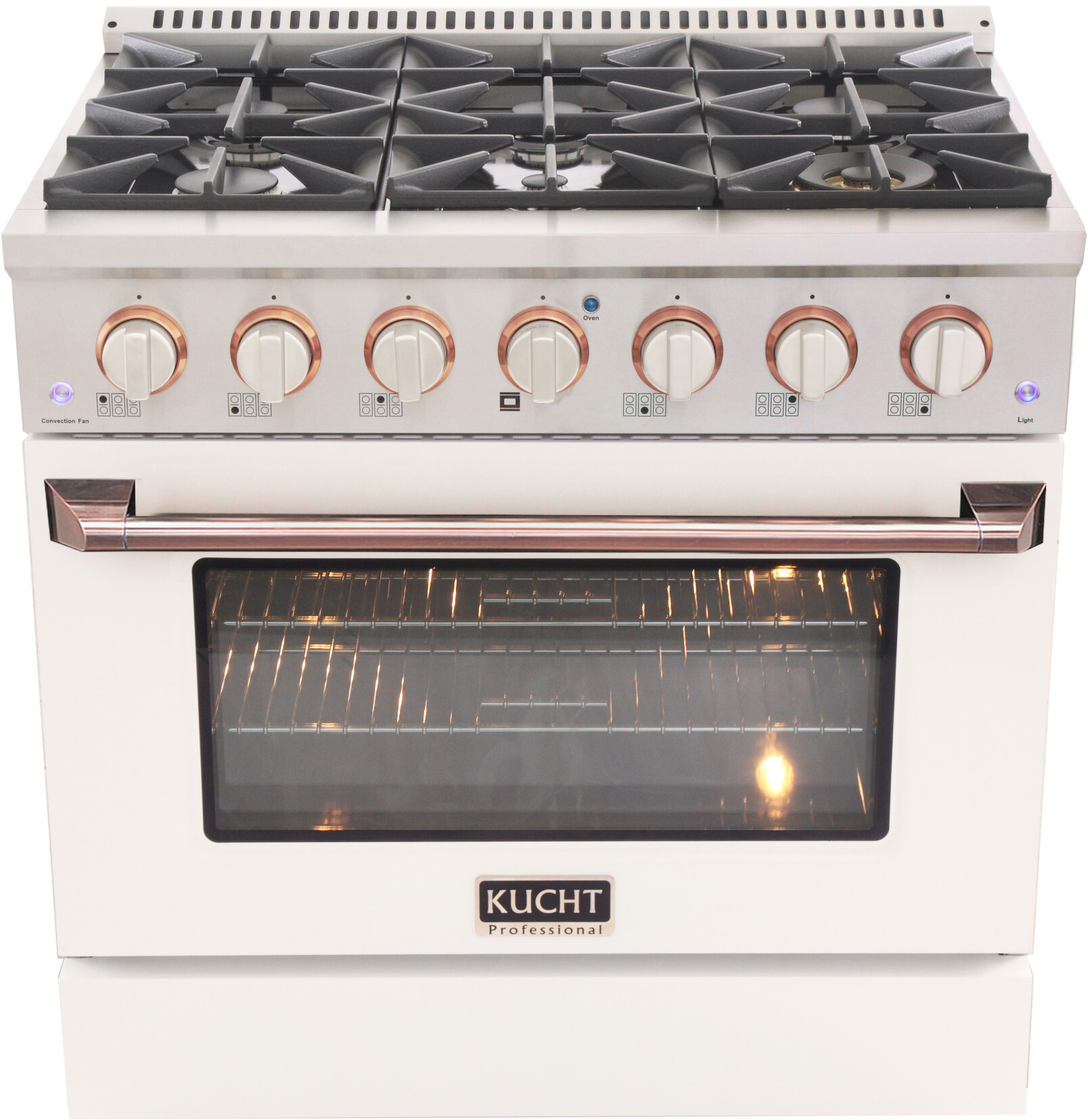 Kucht KNG361WROSE 36 inch Freestanding Gas Range with 6 Burners, 5.2 cu. ft. Capacity Oven, Convection, and Heavy Duty Cast-Iron Cooking Grates (White, Natural Gas, Rose Gold)