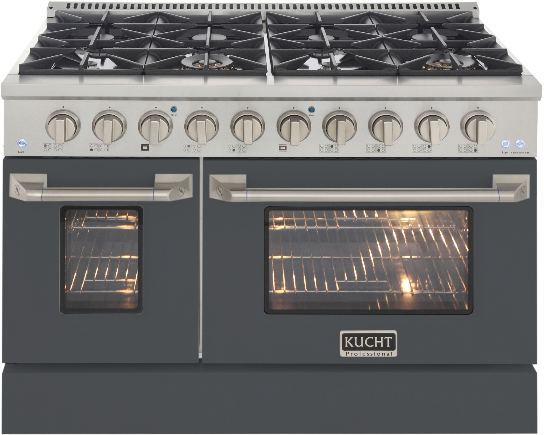 Kucht KNG481CY 48 inch Freestanding Gas Range with 8 Burners, 6.7 cu. ft. Capacity Oven, Convection, and Heavy Duty Cast-Iron Cooking Grates (Cement Gray, Natural Gas)