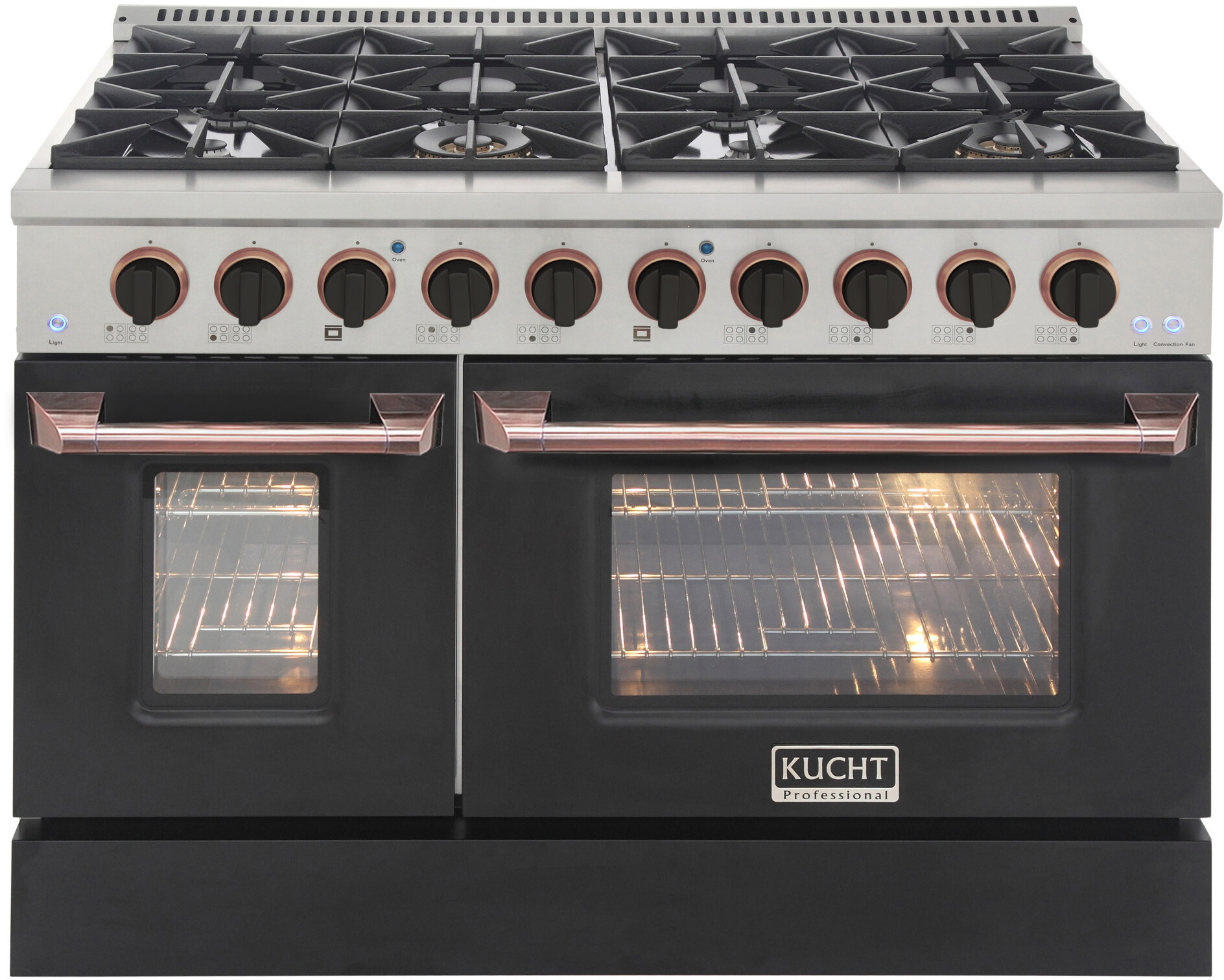 Kucht KNG481LPKROSE 48 inch Freestanding Gas Range with 8 Burners, 6.7 cu. ft. Capacity Oven, Convection, and Heavy Duty Cast-Iron Cooking Grates (Black, Liquid Propane, Rose Gold)
