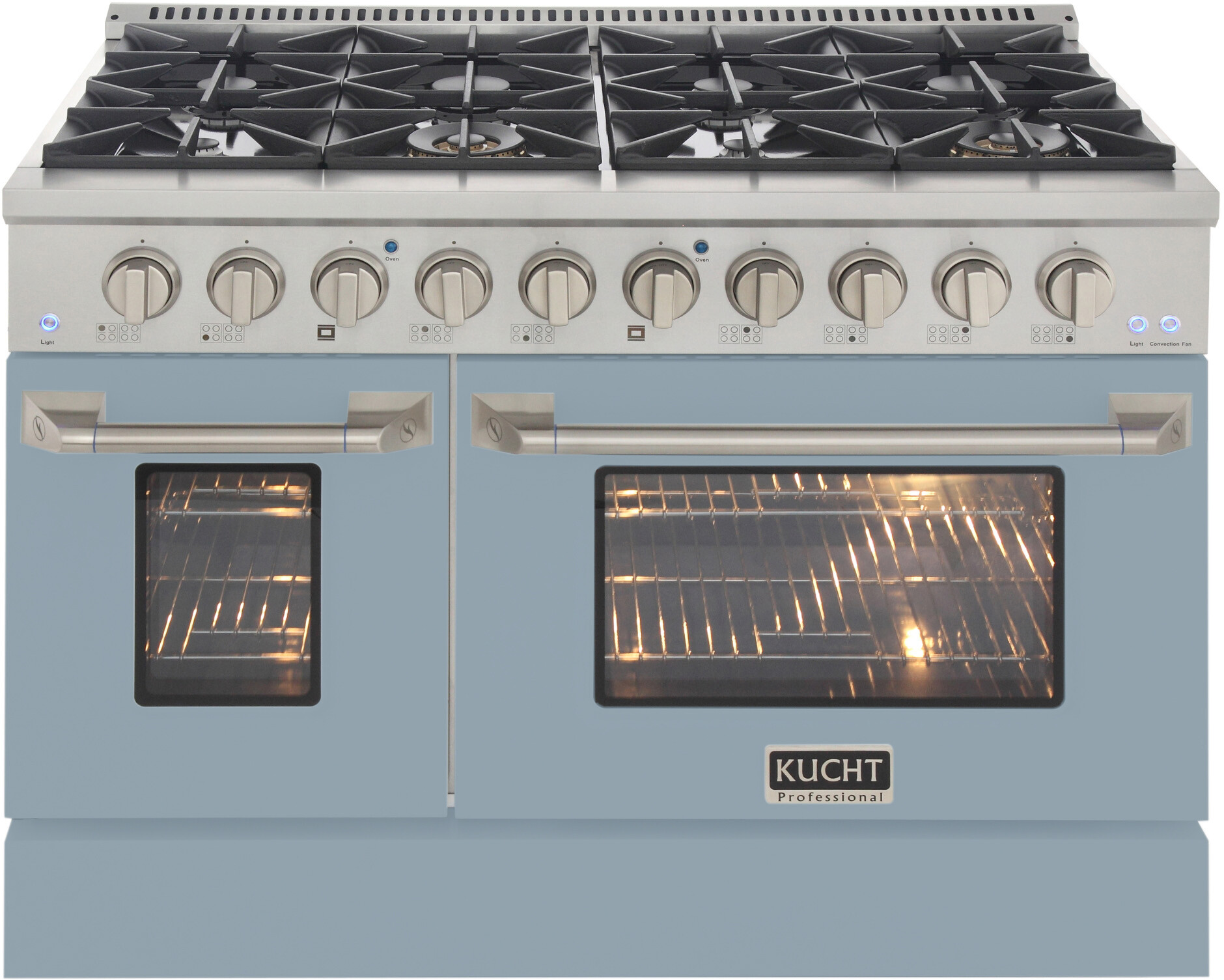 Kucht KNG481LE 48 inch Freestanding Gas Range with 8 Burners, 6.7 cu. ft. Capacity Oven, Convection, and Heavy Duty Cast-Iron Cooking Grates (Light Blue, Natural Gas)