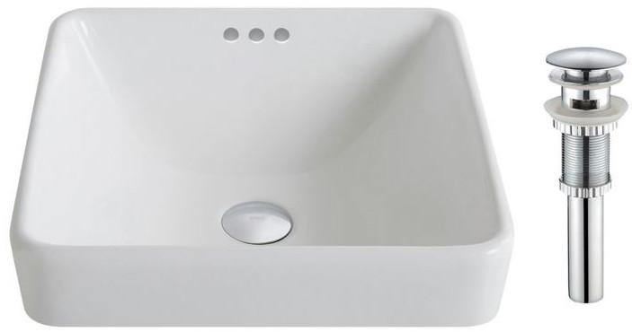 Kraus KCR-281-CH Elavo White Ceramic Square Semi-Recessed Bathroom Sink - Chrome