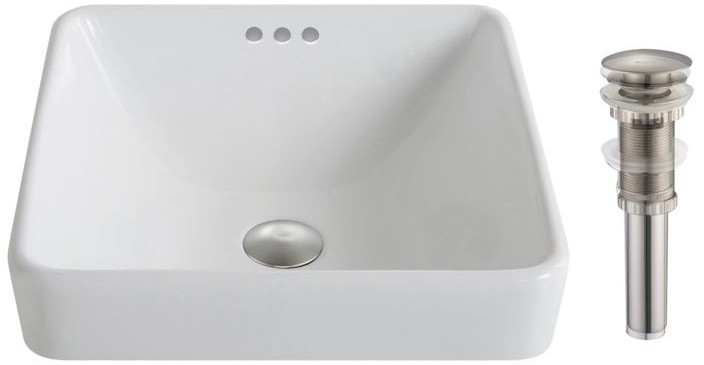 Kraus KCR-281-BN Elavo White Ceramic Square Semi-Recessed Bathroom Sink - Brushed Nickel