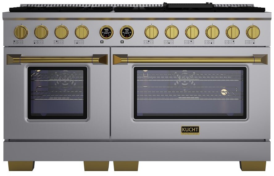 Kucht KXP60LPGL 60 inch Dual Fuel Range with 10 Sealed Burners, 8.5 cu. ft. Oven Capacity, Horus Digital Dial Thermostat, Reversible Grill/Griddle and Heavy Duty Cast-Iron Grates in Stainless Steel (Liquid Propane, Gold)