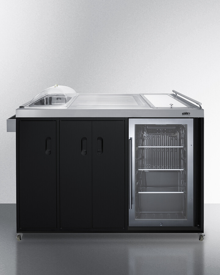Summit CARTOS54LG 58 inch Mobile Outdoor Serving Station with 3.13 cu. ft. Glass Door Refrigerator, Sink, Storage Cabinet, Slide-Out Waste Bins, in Black (Right Hinge)