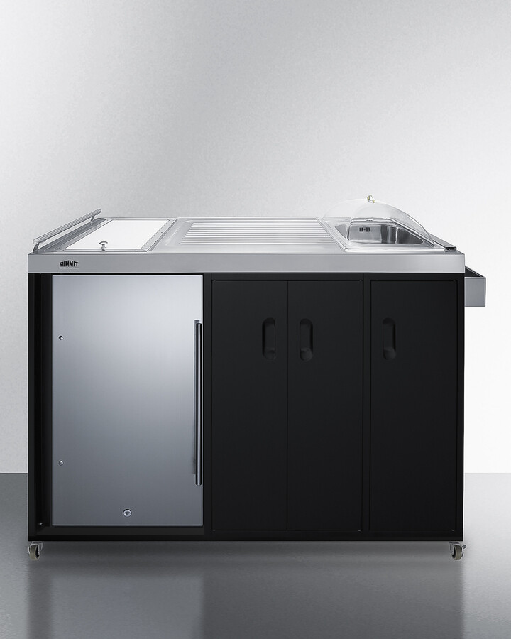 Summit CARTOS54RS 58 inch Mobile Outdoor Serving Station with 3.13 cu. ft. Solid Door Refrigerator, Sink, Storage Cabinet, Slide-Out Waste Bins, in Black (Left Hinge)