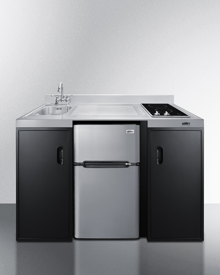 Summit CK55ADASINKL 54 inch ADA Compliant All-In-One Kitchenette with 3.2 cu. ft. Refrigerator/Freezer, 2 Burner Smooth-Top Cooktop, Sink and Faucet, and Two Storage Compartment in Black (Left Side)