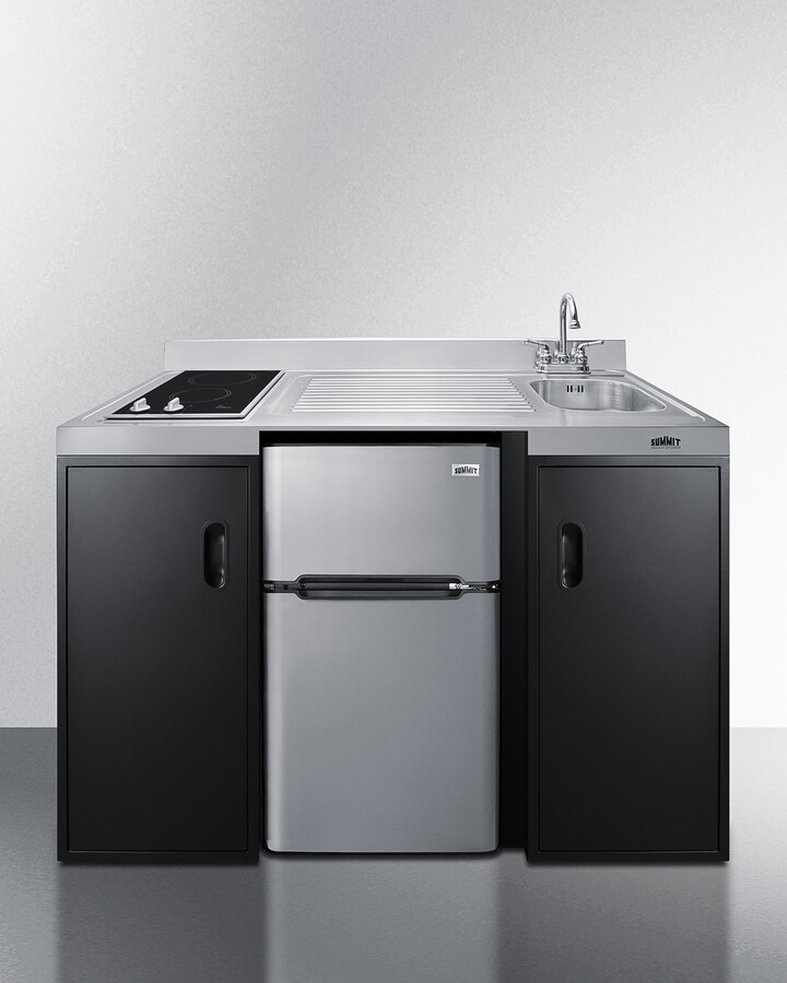 Summit CK55ADASINKR 54 inch ADA Compliant All-In-One Kitchenette with 3.2 cu. ft. Refrigerator/Freezer, 2 Burner Smooth-Top Cooktop, Sink and Faucet, and Two Storage Compartment in Black (Right Side)