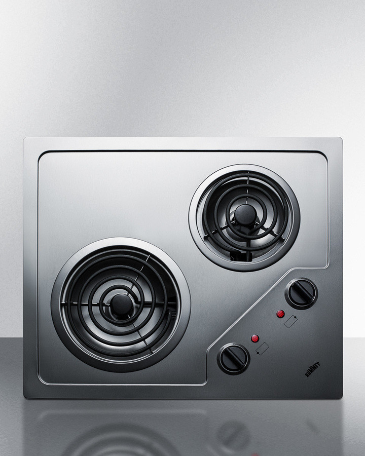 Summit CR2B224S 2-Burner 230V Electric Cooktop - Stainless Steel Finish, Coil Elements, Portrait/Landscape Installation