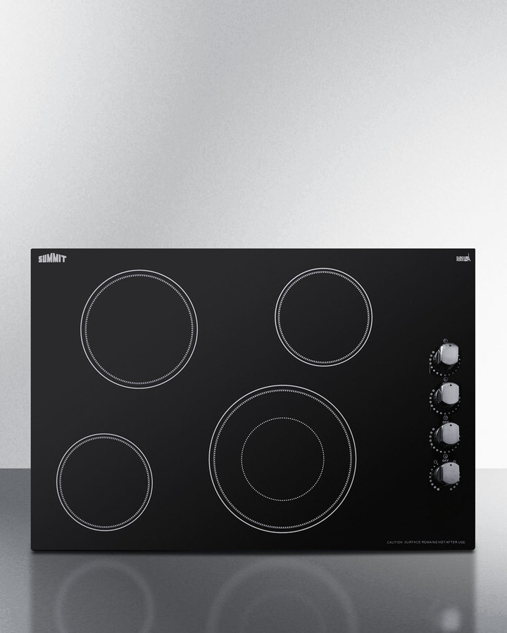 Summit CR4B30MB 30 inch Radiant Electric Cooktop with 4 Elements, EuroKera Glass Surface, Push-to-Turn Knobs and Residual Heat Indicator Light in Black