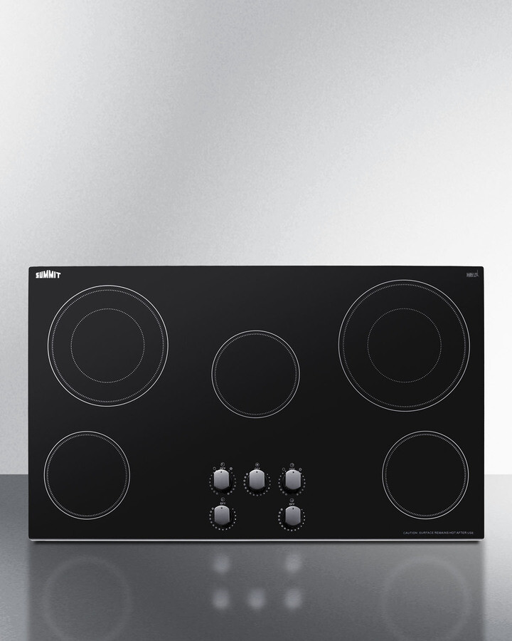 Summit CR5B36MB 36 inch Radiant Electric Cooktop with 5 Elements, EuroKera Glass Surface, Push-to-Turn Knobs and Residual Heat Indicator Light in Black