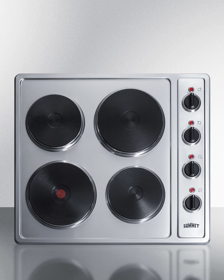 Summit CSD4B24 24" Wide 230V 4-Burner Solid Disk Cooktop - Brushed Stainless Steel, Cast Iron Elements, Easy Cleanup