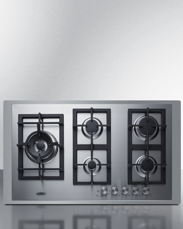 Summit GCJ536SSTK 36 inch Gas Cooktop with 5 Sealed Burners, Push-to-Turn Knobs, Laser-Etched Graphics and Continuous Cast Iron Grate in Stainless Steel (Natural Gas)