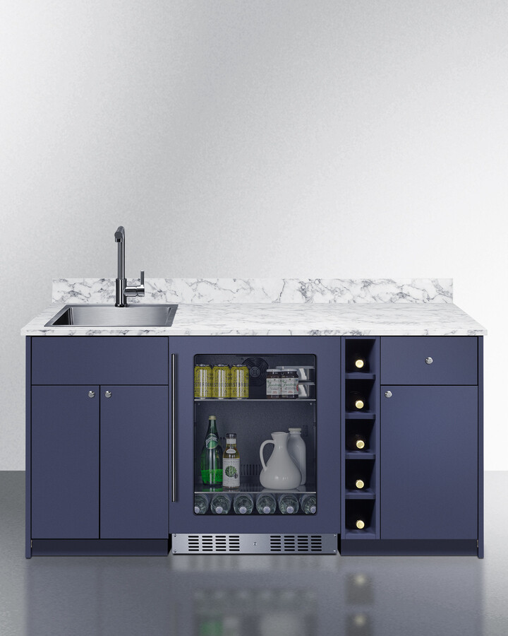 Summit OASISMN33SINKL 69 inch Turnkey Oasis Wet Bar with Beverage Center, Stainless Steel Sink and Faucet, Storage Cabinetry, Slide-Out Drawer and ADA Compliant (Blue, Left Side)