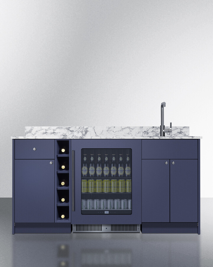 Summit OASISMN35 69 inch Turnkey Oasis Wet Bar with Beverage Center, Stainless Steel Sink and Faucet, Storage Cabinetry, and Slide-Out Drawer (Blue, Right Side)
