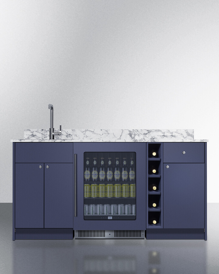 Summit OASISMN35SINKL 69 inch Turnkey Oasis Wet Bar with Beverage Center, Stainless Steel Sink and Faucet, Storage Cabinetry, and Slide-Out Drawer (Blue, Left Side)
