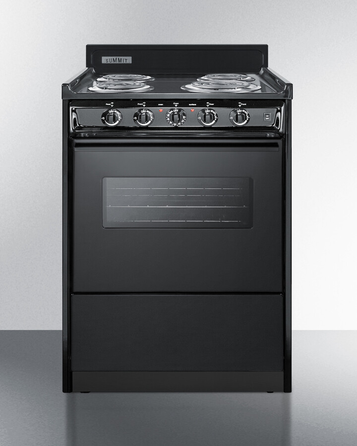 Summit TEM610CW 24 inch Freestanding Electric Range with 4 Coil Elements, 2.92 cu. ft. Oven Capacity, Storage Compartment and Push-to-Turn Burner Knobs in Black (Glass Door, Yes)