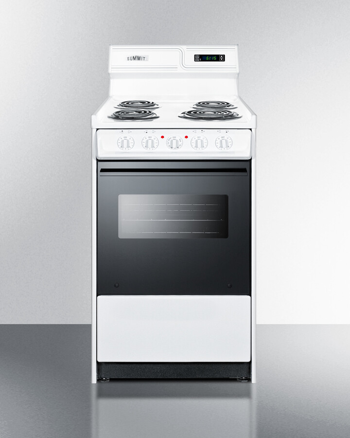 Summit WEM130DK 20 inch Freestanding Electric Range with 4 Coil Elements, 2.46 cu. ft. Capacity, Digital Clock and Timer, Push-to-Turn Knobs and Storage Drawer in White (Black)