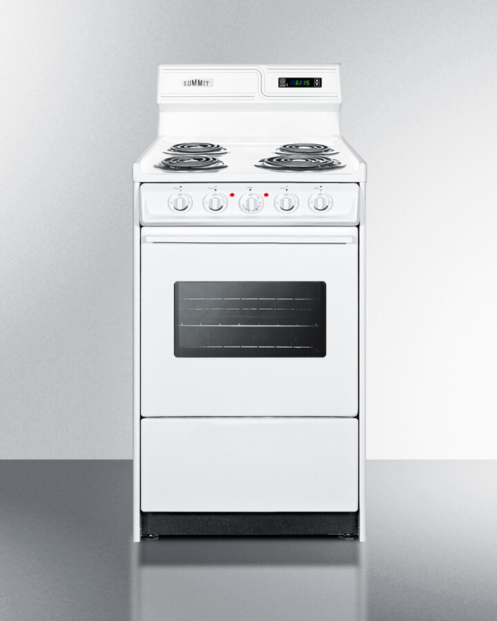 Summit WEM130KW 20 inch Freestanding Electric Range with 4 Coil Elements, 2.46 cu. ft. Capacity, Digital Clock and Timer, Push-to-Turn Knobs and Storage Drawer in White (White)