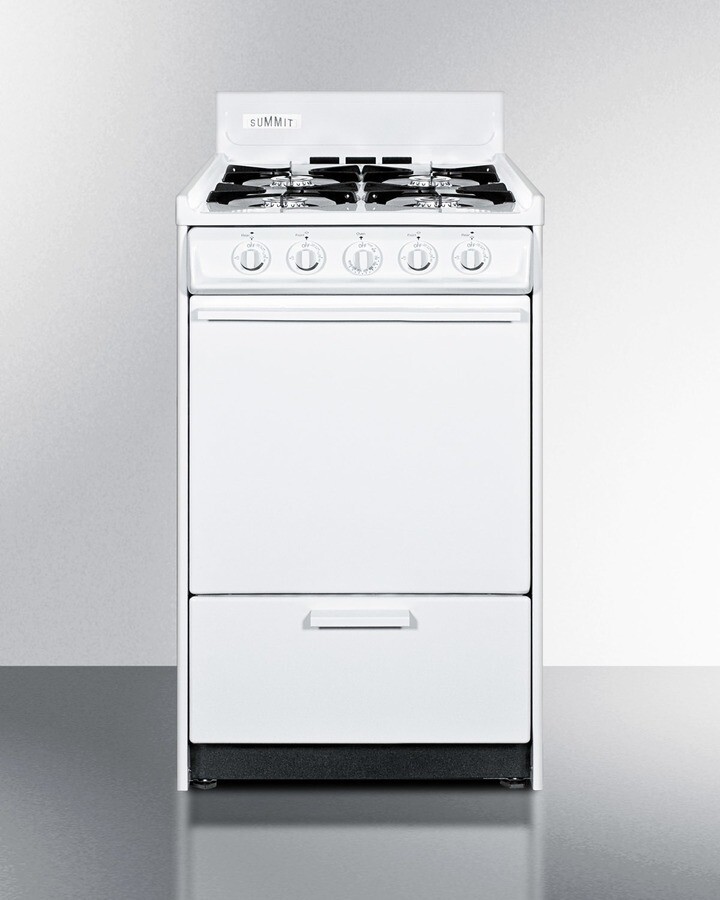 Summit WLM110P 20 inch Propane Gas Range with 4 Open Burners, 2.46 cu. ft. Capacity, Battery Start Ignition and Broiler Compartment in White