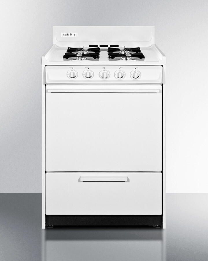 Summit WLM610P 24 inch Propane Gas Range with 4 Open Burners, 2.92 cu. ft. Capacity, Battery Start Ignition and Broiler Compartment in White