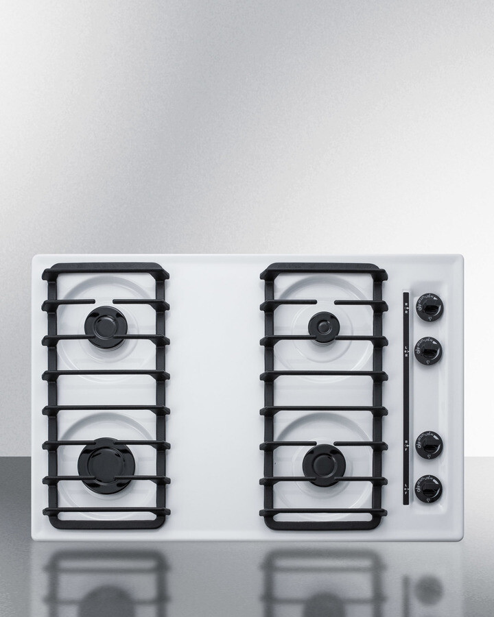 Summit WTL053S 30 inch Gas Cooktop with 4 Sealed Sabaf Burners, Cast Iron Grates and Push-to-Turn Knobs (White)
