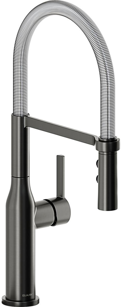 Single Hole Kitchen Fauct w/ Semi-pro Spout and Forward Only Lever Handle Black Stainless and Chrome