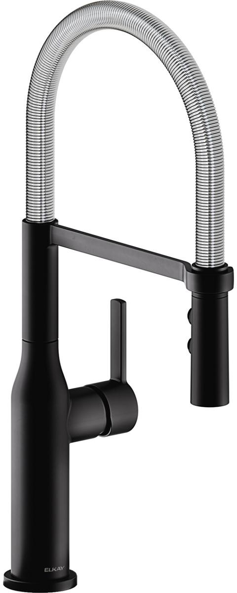 Single Hole Kitchen Faucet with Semi-pro Spout and Forward Only Lever Handle Matte Black and Chrome