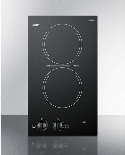 Summit CR2110B 12 inch Electric Cooktop with 2 Elements, SCHOTT CERAN Glass Surface, Push-to-Turn Controls and Residual Heat Indicator Light in Black