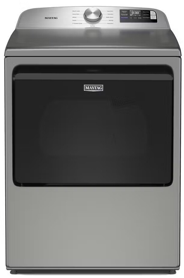 Maytag MED6205RR 27 inch Smart Electric Dryer with 7.4 cu. ft. Capacity, Extra Power Option, Advanced Moisture Sensing and Hamper Style Door (Classic Silver)