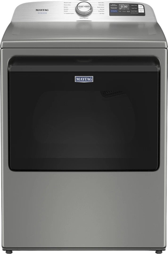 Maytag MED7405RR 27 inch Smart Electric Dryer with 7.4 cu. ft. Capacity, Pet Pro Option, Steam-Enhanced Dryer and Hamper Style Door in Classic Silver