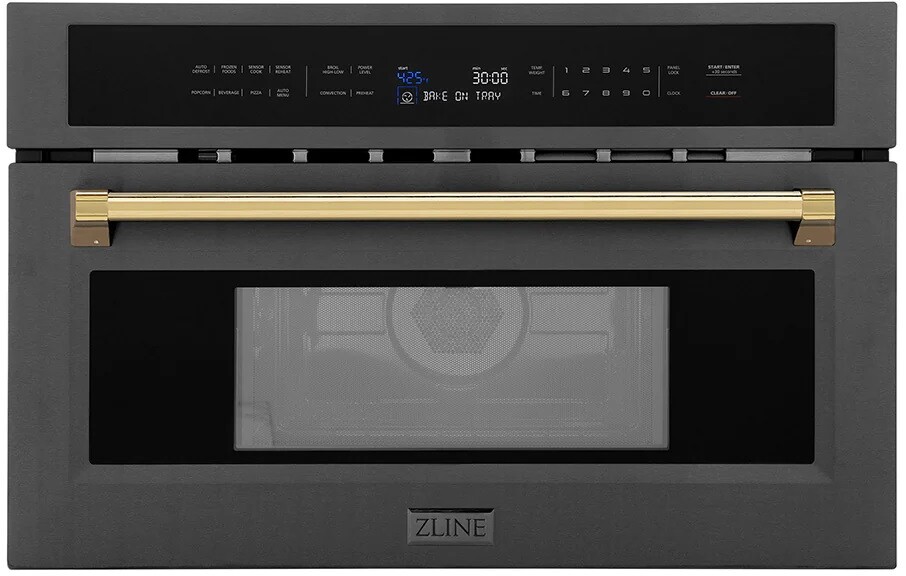 ZLINE MWOZ30BSG 30 inch Autograph Edition Built-in Convection Microwave Oven with 1.55 cu. ft. Capacity, Child Lock and 1000 Watts Cooking Power in Black Stainless Steel (Polished Gold)