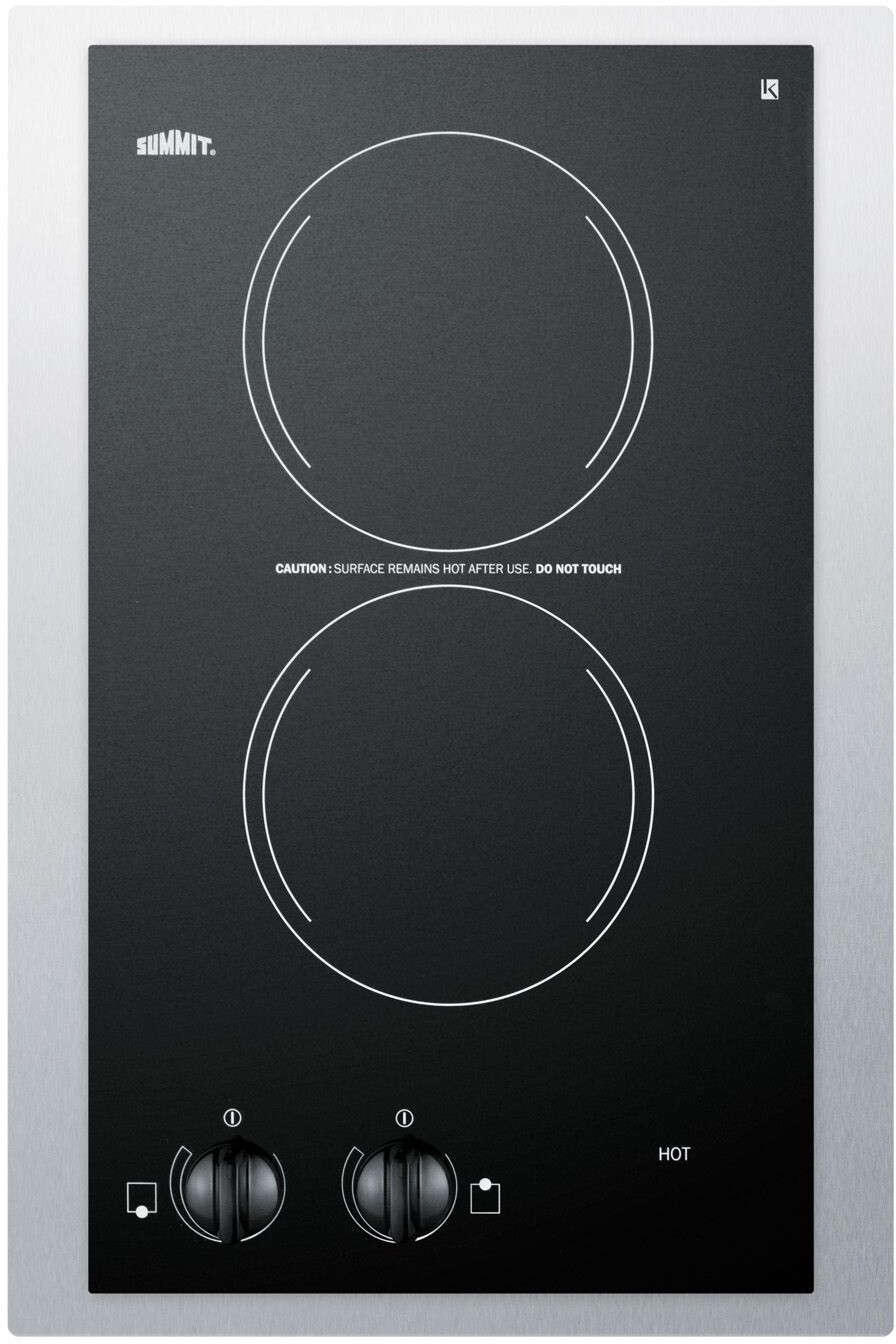 Summit CR2110TK15 15 Inch Wide Electric Cooktop with 2 Radiant Elements, Smooth Black Surface, Push to Turn Control, Residual Heat Indicator Light in Black