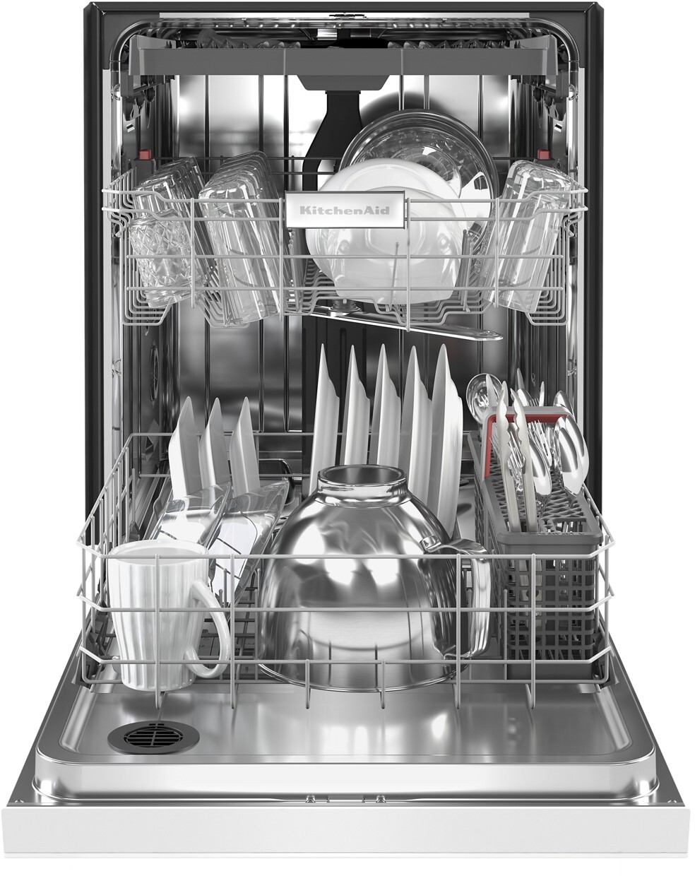 Open dishwasher interior with racks loaded with dishes