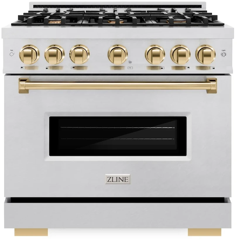 ZLINE CDRSZ36G 36 inch Autograph Edition Classic Series Dual Fuel Range with 6 Burners, 5.2 cu. ft. Oven Capacity, Convection Cooking and Auto-Reignition (Satin Stainless Steel, Polished Gold)