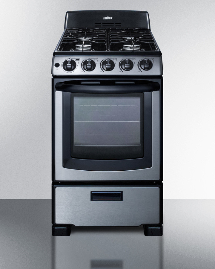 Summit PRO201SS 20 inch Freestanding Gas Range with 4 Burners, 2.3 cu. ft. Oven Capacity, Drop Down Broiler Compartment, LP Convertible, in Stainless Steel