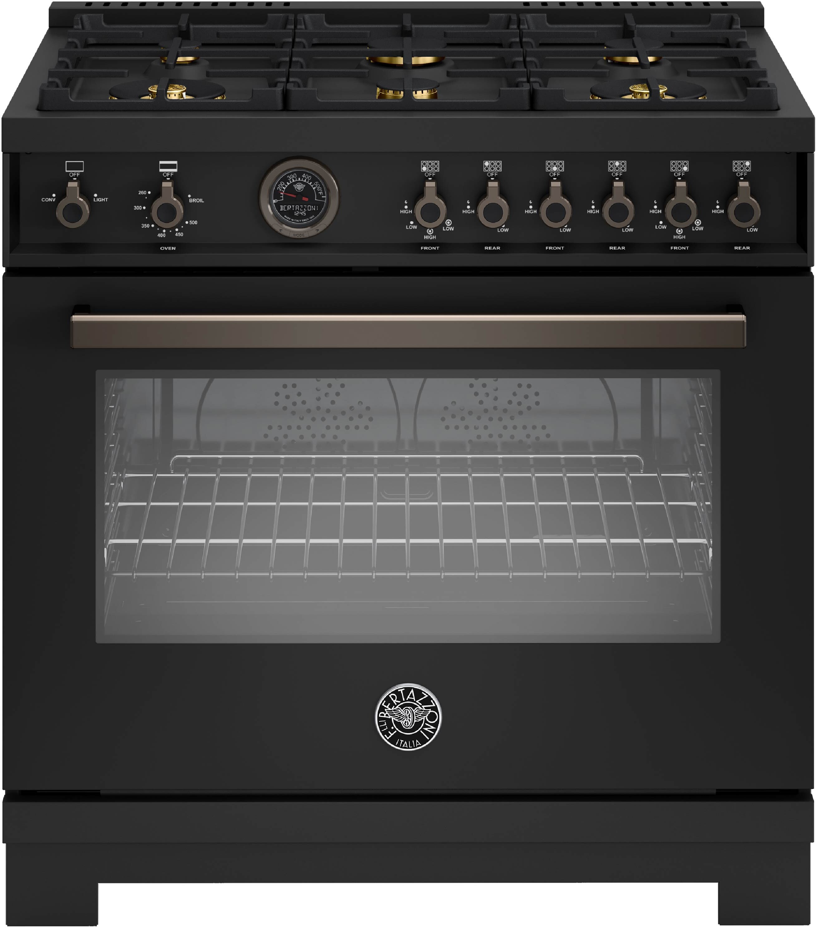Bertazzoni PRO366BCFGMCAT Professional Series 36 inch Gas Range with 6 Brass Burners, 5.9 cu. ft. Oven Capacity, Cast-Iron Griddle and Digital Gauge in Carbonio
